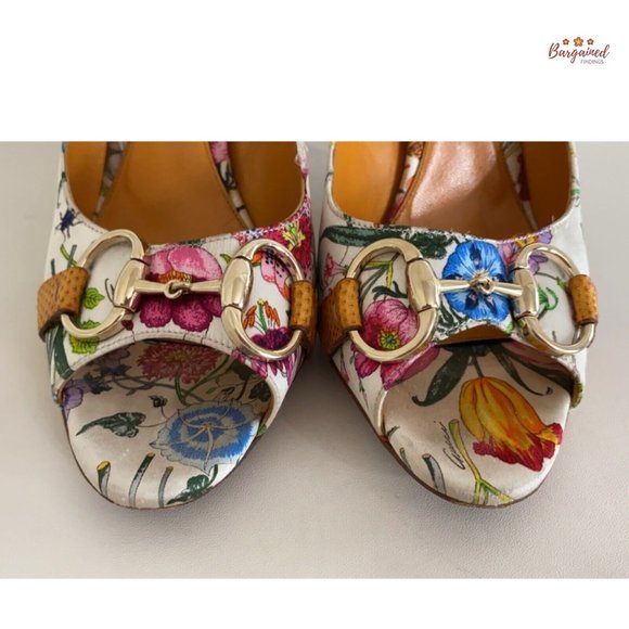 Authentic GUCCI Botanical Floral Satin & Karung Horsebit Peep Toe Pumps Size 7.5 - Picture 2 of 14
